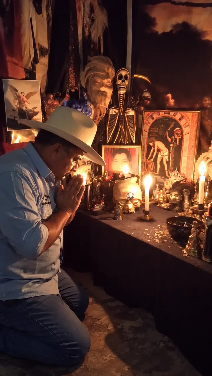 El Indio Inca en oración frente a su altar con veladoras
